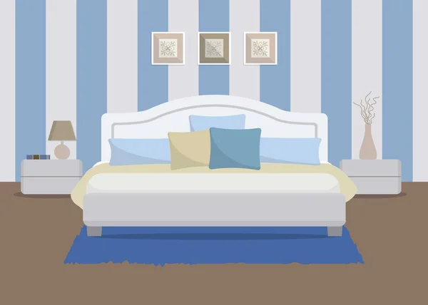 Спальня в синьому кольорі. На зображенні є ліжко з подушками, тумбочками, лампа, ваза та інші предмети — стоковий вектор