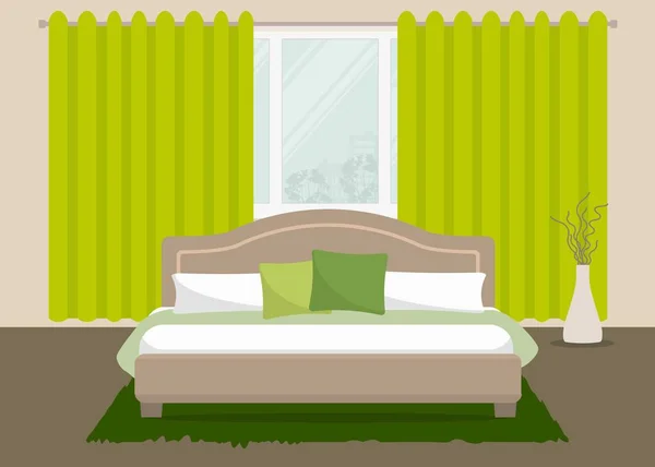 Chambre dans une couleur verte. Il y a un lit avec des oreillers et un vase sur un fond de fenêtre dans l'image — Image vectorielle