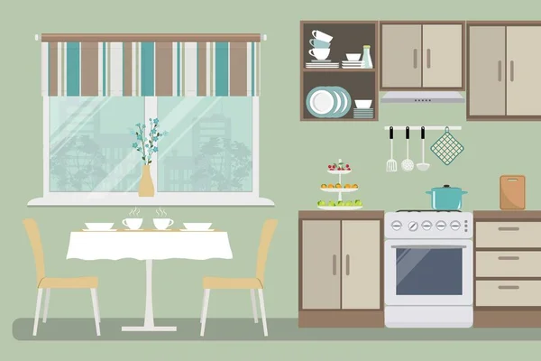 Cocina de color verde. Hay un mobiliario de color beige, una estufa, una mesa con sillas, una ventana y otros objetos en la imagen — Vector de stock