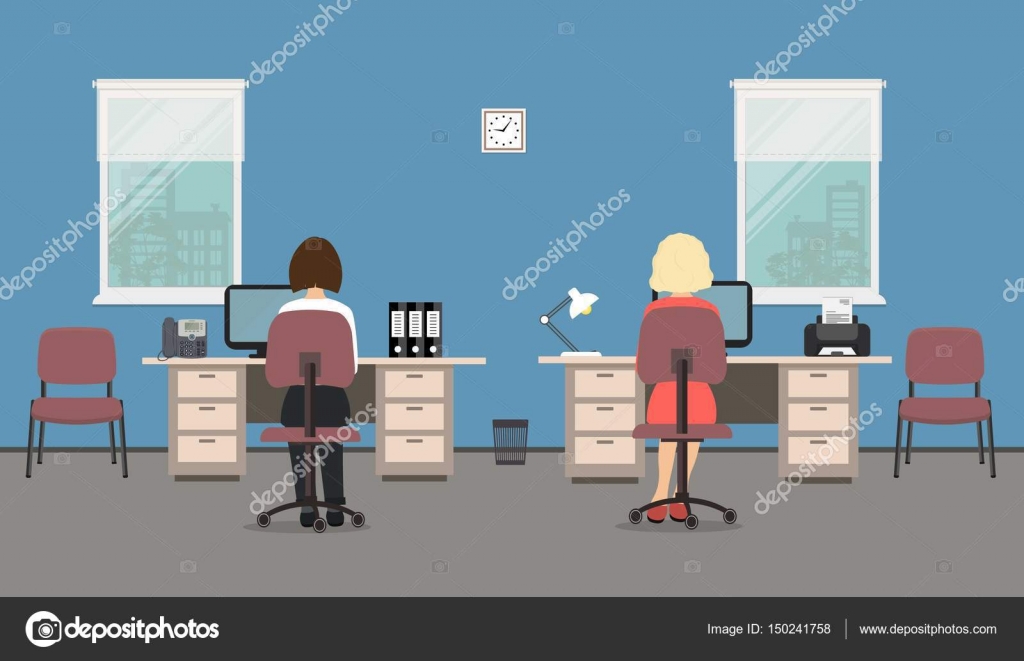 Office Room In A Blue Color Two Women Are Employees At Work They Two Women Are Employees At Work They Sitting Desks There Tables And Chairs On A Windows Background In The Picture