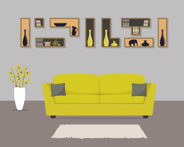 Sarı kanepe ve gri yastık ile oturma odası