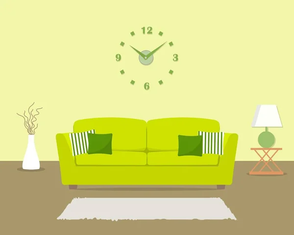 Гостиная с зеленым диваном и большими круглыми часами на стене — стоковый вектор