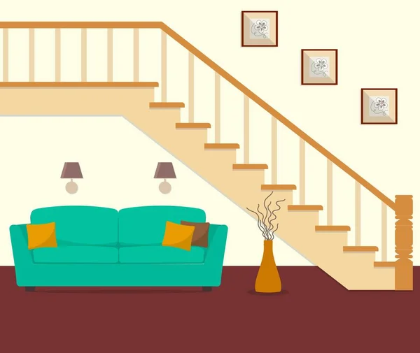 Sofá verde, situado debajo de las escaleras. También hay un gran jarrón, lámparas e imágenes en la imagen — Archivo Imágenes Vectoriales