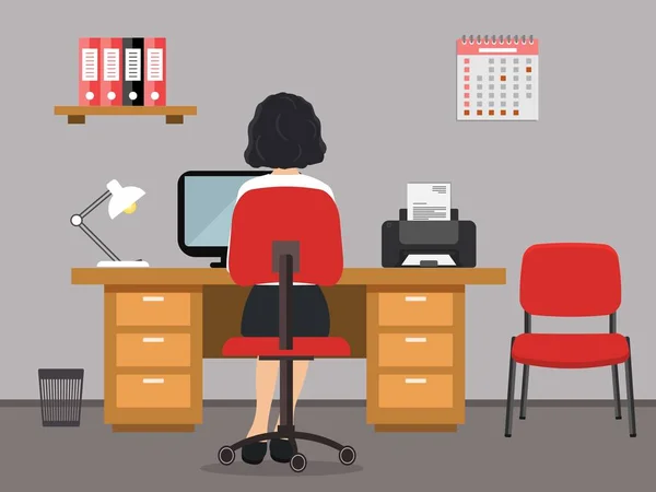 Arbeitsplatz des Büroangestellten. die Frau ist Angestellte bei der Arbeit, sie sitzt am Schreibtisch — Stockvektor