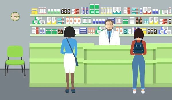 Bandiera web di un farmacista. Giovane sul posto di lavoro in una farmacia: in piedi di fronte a scaffali con medicinali — Vettoriale Stock
