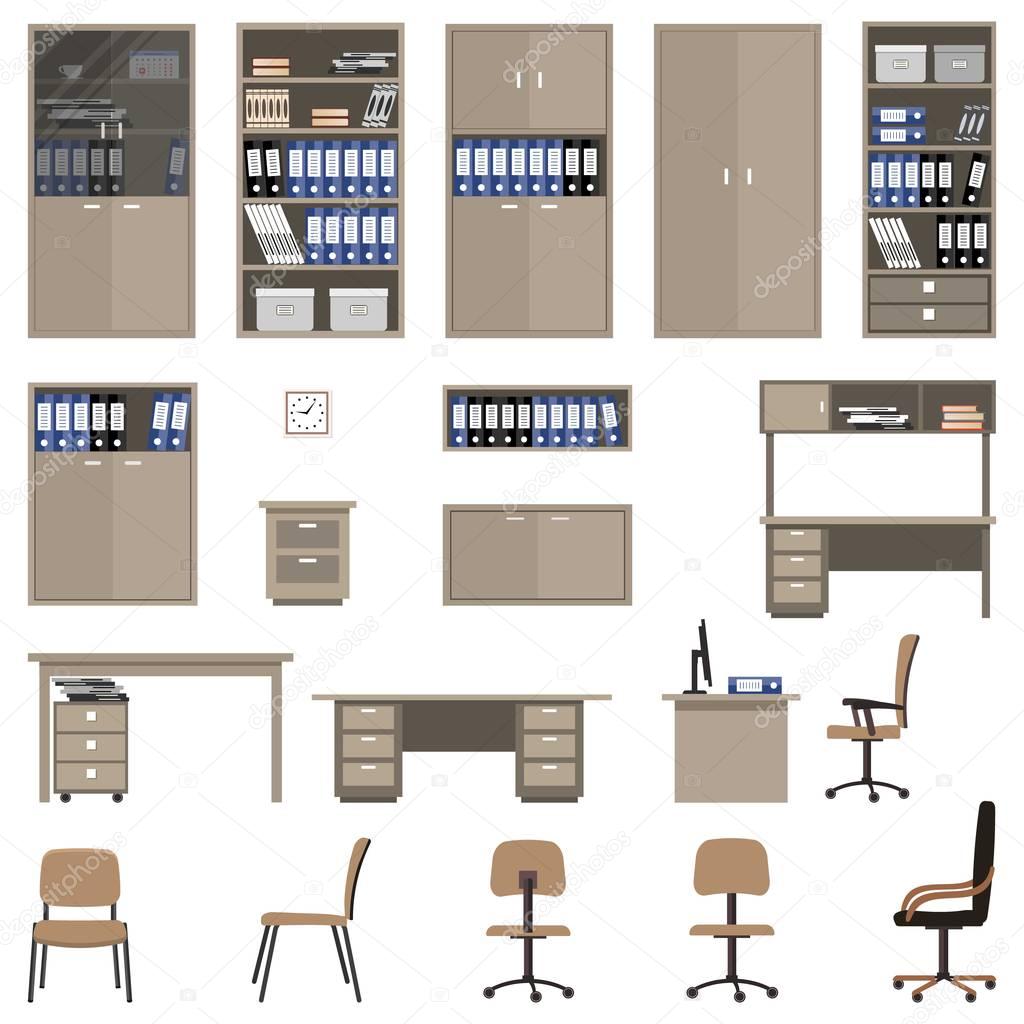 Conjunto de muebles de oficina. Hay archivadores, estantes, escritorios