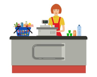 Bir süpermarket kasiyer Web afiş. Genç kadın Yazar kasa duruyor