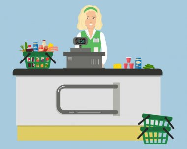 Bir süpermarket kasiyer Web afiş. Genç kadın Yazar kasa duruyor