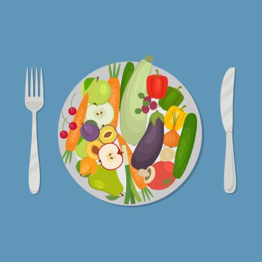 Sağlıklı gıda. Sebze ve meyve üzerinde mavi bir arka plan ile plaka