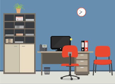 İşyeri ofis çalışanı. Ortada bir masaüstü, bir dava için belgeler, bir sandalye, bir bilgisayar, bir telefon ve diğer nesneler resimdeki kırmızı renklerde