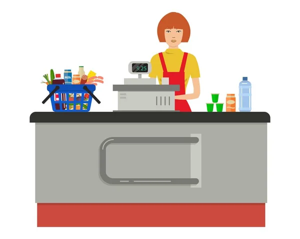Bir süpermarket kasiyer Web afiş. Genç kadın Yazar kasa duruyor — Stok Vektör