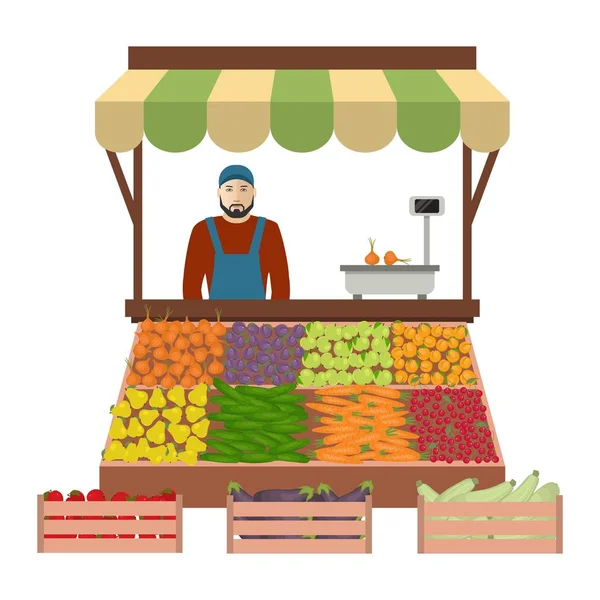 Продавец овощей и фруктов на рынке — стоковый вектор