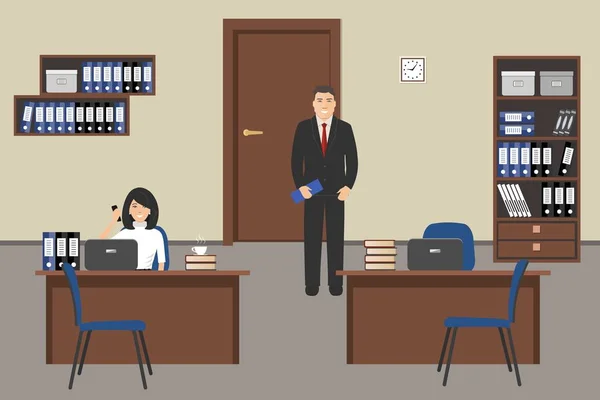 Δωμάτιο γραφείου σε μπεζ χρώμα. Η νεαρή γυναίκα και ο άνθρωπος είναι εργαζόμενοι στο χώρο εργασίας — Διανυσματικό Αρχείο