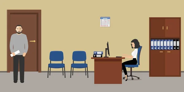 Kontorsrum i en beige färg. Den unga kvinnan och mannen är anställda på arbetsplatsen — Stock vektor