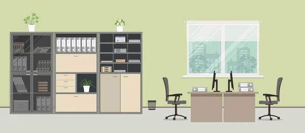 Офісна кімната в зеленому кольорі. На картині є столи, сірі стільці, футляри для документів та інші предмети — стоковий вектор