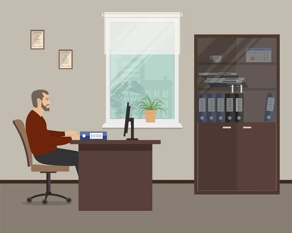 Web-Banner eines Büroangestellten im Raum neben dem Fenster. Der junge Mann ist Angestellter am Arbeitsplatz — Stockvektor