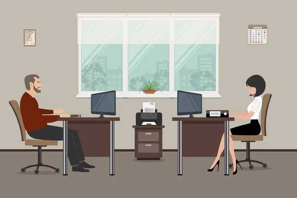 Веб-банер двох офісних працівників. Молода жінка і чоловік є працівниками на роботі — стоковий вектор