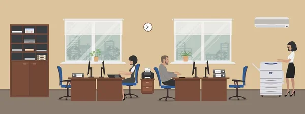 Office szoba egy bézs színű. A fiatal nők és a férfiak a munkavállalók munkahelyi — Stock Vector