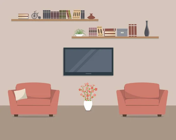 Obývací pokoj s červenými křesly a domácí kina — Stockový vektor