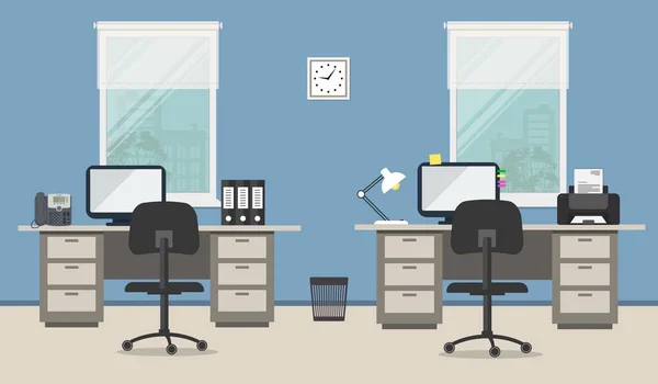 Робоче місце офісних працівників з сірими меблями на синьому фоні — стоковий вектор
