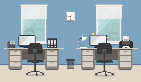 Lugar de trabajo de los trabajadores de oficina con muebles grises sobre un fondo azul — Vector de stock