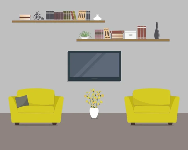 Obývací pokoj s žlutá křesla a domácí kina — Stockový vektor