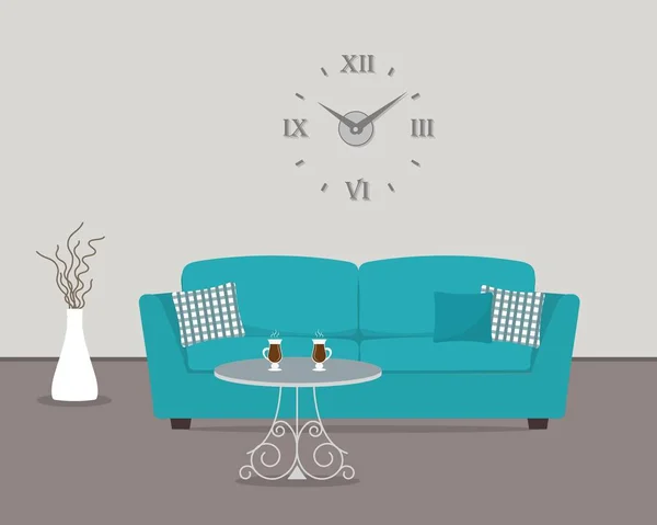 Sala de estar com sofá turquesa e grande relógio redondo na parede — Vetor de Stock