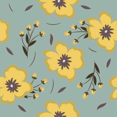 Sarı çiçek ve yaprakları üzerinde gri bir arka plan ile Seamless Modeli