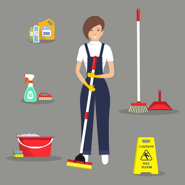 Limpeza senhora e sua equipe de limpeza — Vetor de Stock