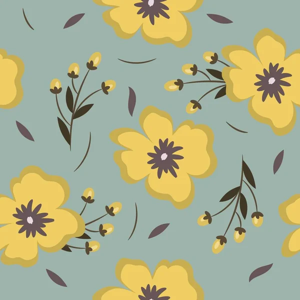 Motif sans couture avec des fleurs jaunes et des feuilles sur un fond gris — Image vectorielle