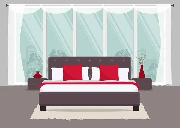 Ložnice s postelí a červené polštáře na pozadí okna — Stockový vektor