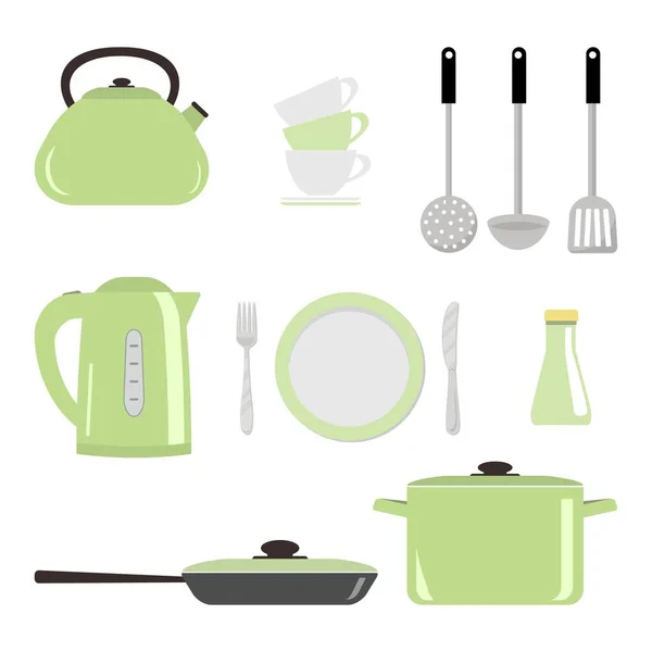 Set de utensilios de cocina y herramientas en verde aislado sobre fondo blanco — Vector de stock