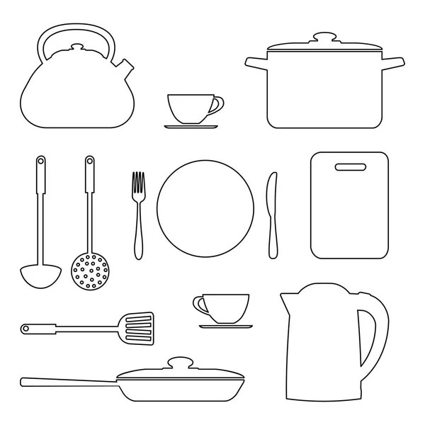 Conjunto de utensilios de cocina y herramientas en contornos, aislados sobre fondo blanco — Vector de stock