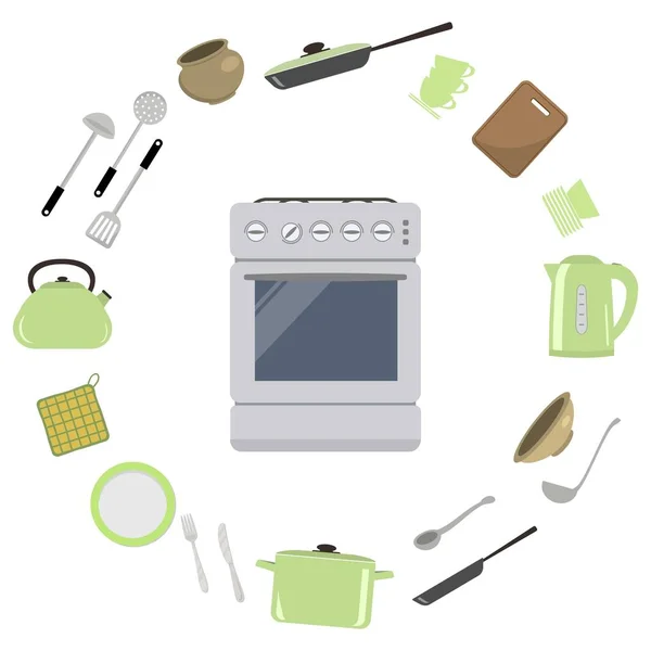 Estufa rodeada de utensilios de cocina y utensilios — Vector de stock