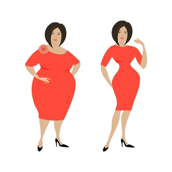 Mulher gorda em um vestido vermelho e a mesma mulher depois de perder peso —  Vetores de Stock