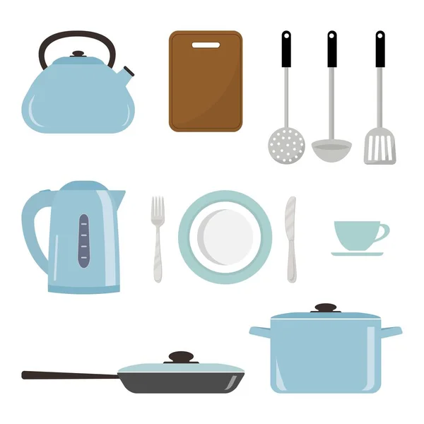 Set de utensilios de cocina y herramientas en color azul — Vector de stock