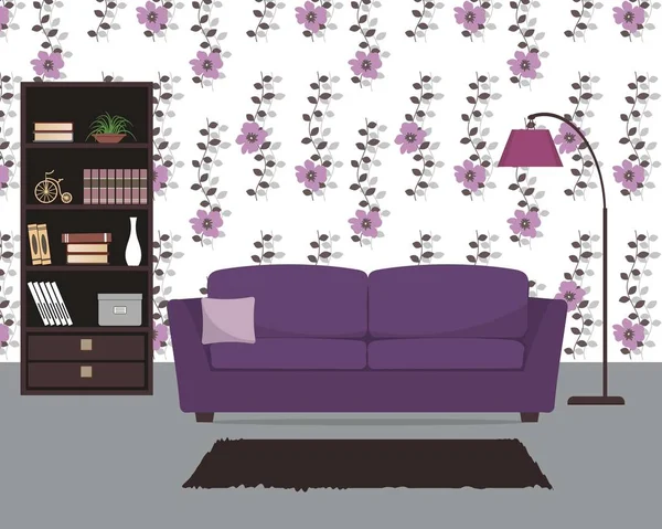 Фиолетовая гостиная с диваном и большой лампой — стоковый вектор