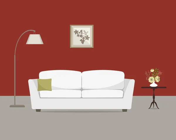 Salón rojo con un sofá blanco y una gran lámpara — Archivo Imágenes Vectoriales
