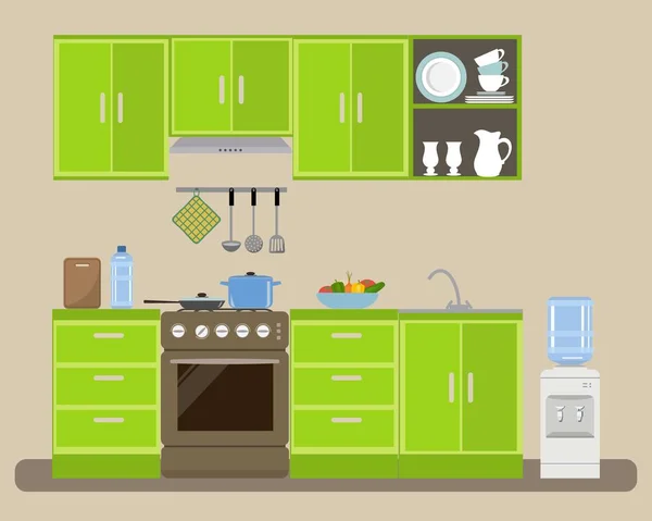 Cocina moderna en un color verde — Vector de stock