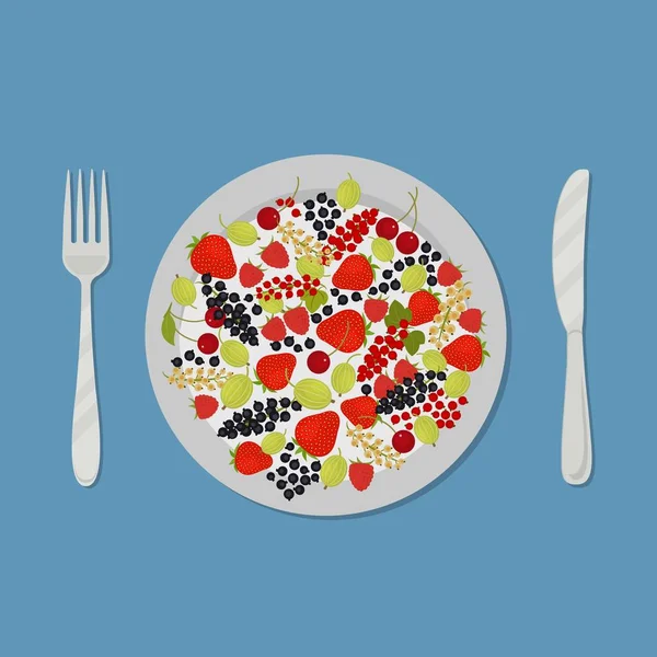 Placa con frutas y bayas sobre fondo azul — Vector de stock