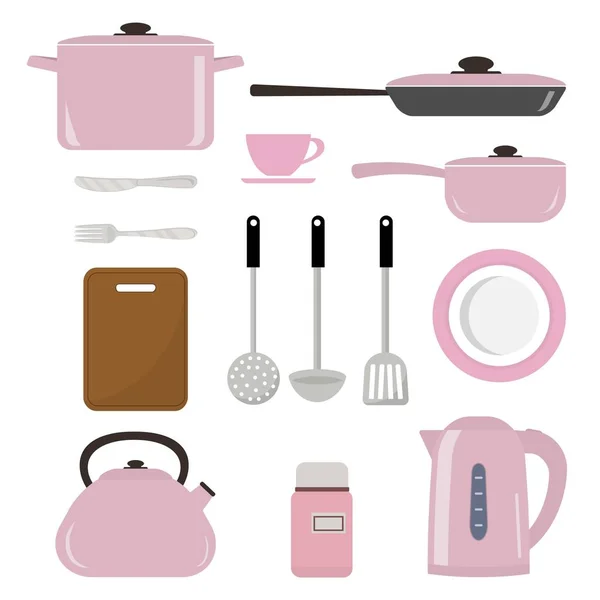 Set de utensilios y herramientas de cocina en color rosa aislado sobre fondo blanco — Vector de stock