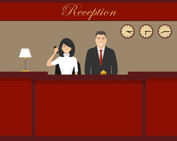 Recepção do hotel. Jovem mulher e homem recepcionistas são stand na recepção — Vetor de Stock