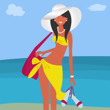 Bir kız sarı beach takım elbise ve deniz arka plan üzerinde beyaz bir şapka