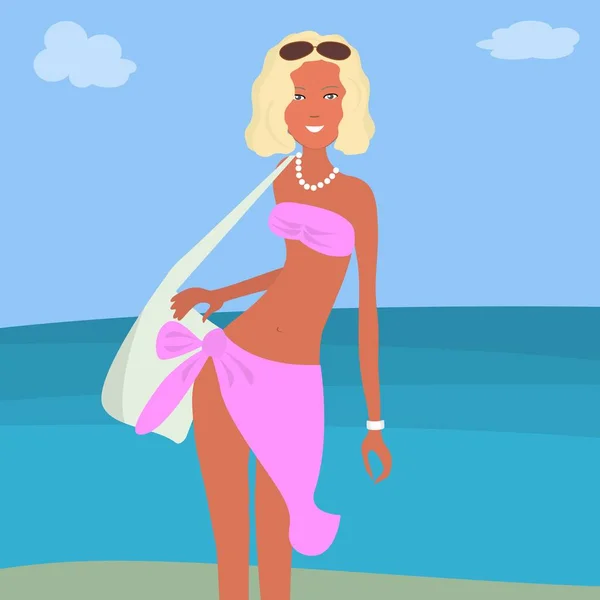 Ένα κορίτσι σε ένα κοστούμι ροζ παραλία σε ένα υπόβαθρο στη θάλασσα — Διανυσματικό Αρχείο