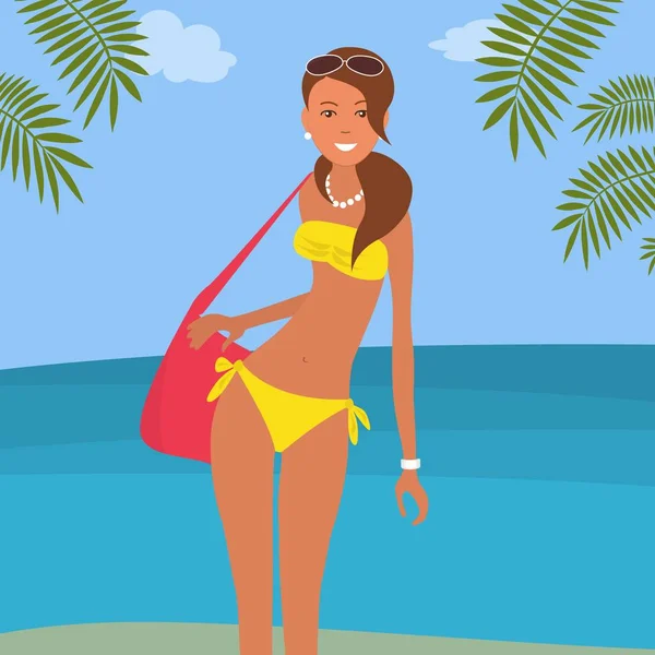 Une fille en maillot de bain jaune sur fond de mer — Image vectorielle