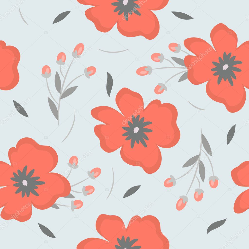 Seamless pattern with red flowers and leaves on a gray background