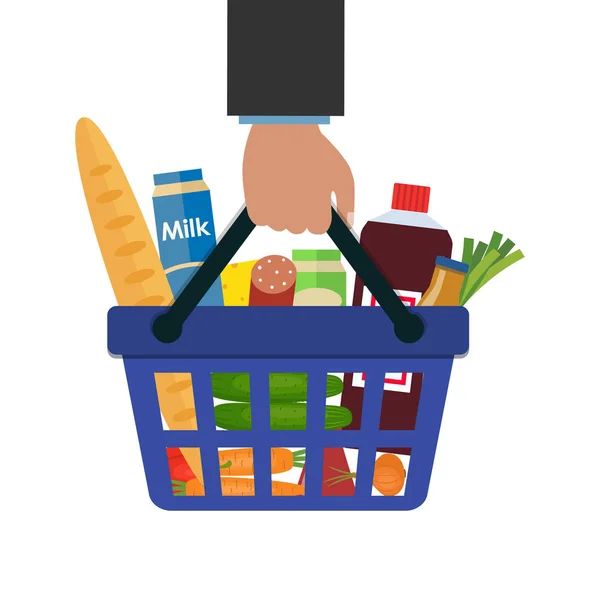 Cesta de compras con comida y bebida en la mano — Vector de stock