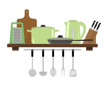 Bir raf mutfak gereçleri