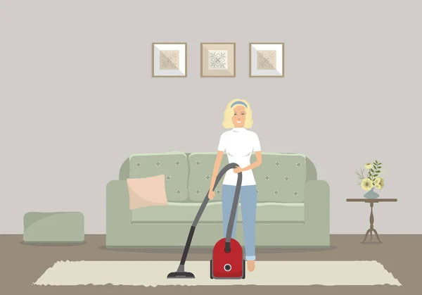 Membersihkan di ruang tamu. Wanita muda dengan vacuum cleaner berdiri di latar belakang sofa - Stok Vektor