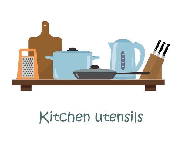 Utensilios de cocina en un color azul en un estante — Vector de stock